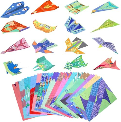Papel Origami, Kit de Avión de Papel para Niños 32 hojas de Papel de Origami de Colores Papiroflexia de Doble cara de 16 Hermosos y diferentes Modelos Avion Juguete Regalos para Niños 5, 6-12 años