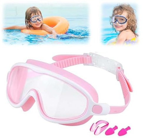 XieJY Children's Large Frame Waterproof and Anti Fog Swimming Goggles, Anti Fog Wide View Clear Swim Mask for Kids Boys Girls (Light Pink)