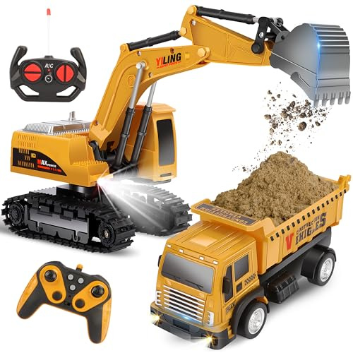 Charmofun 2PCS Kit Escavatore Telecomandato con Veicolo telecomandato, 2.4Ghz escavatore radiocomandato per Bambini - con Luci e Suoni e Spalletta in Metallo, RC Camion Escavatore Regalo Compleanno