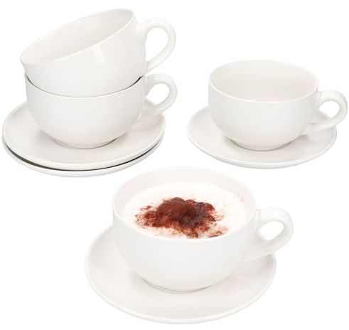 MamboCat Set di 4 tazze da cappuccino con piattini, 4 tazze panciate da 200 ml e 4 piattini in gres porcellanato per 4 persone, bianco crema, set semplice per colazione e caffè