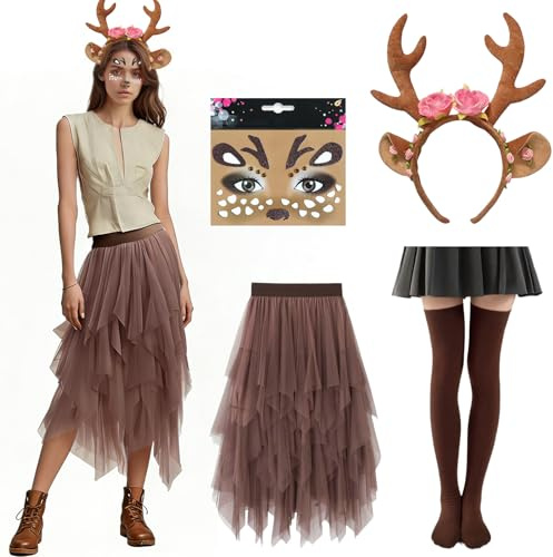 GOUYENG Costume Natalizio da Renna per Bambine,4 Pezzi Costume Renna Donna Gonna,Rennas Natale Gonna Tutu,Tulle Cerchietto Rennas Tatuaggi,Per Feste di Carnevale Halloween e Tema Animali