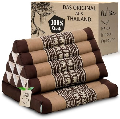 livasia Thaikissen mit 1 Auflage - 75x50x8cm - Dreieckskissen mit Sitzkissen, Keilkissen mit Kapok, Rückenkissen faltbar, Thaimatte zum Klappen, handgefertigt, Meditationskissen (Braun/Elefanten)