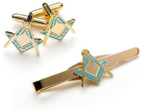 The Masonic Collection - Quadratische und Kompass-Manschettenknöpfe und Krawatten-Set für Herren – vergoldet – hellblaue Emaille-Beschichtung – Lieferung in Manschettenknopf-Box/Samtbeutel –
