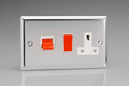 XC45PW - Varilight - Classic - Polished Chrome - 45 Amp Cooker Switch and 13 Amp Switched Plug Socket - White Insert