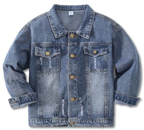 YJBQ Giacca jeans e giaccone denim per ragazzi e ragazze, completati da top trendy. Abbigliamento strappato blu per teenager 5-14 anni. (IT, Età, 12 anni, Regular, Blu)