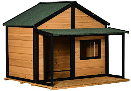 PawHut Outdoor Dog House Cabin Style, Wooden Raised Pet Kennel with Asphalt Roof, Front Door, Side Window, Porch for Medium/Large Dogs, Loading 53 lbs, Yellow
