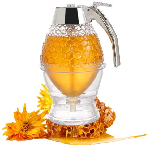 TONGMAN Acrylic Honey Dispenser,Syrup Dispenser, with Stand Honey Container ，Beautiful Honeycomb Honey Jar, Great for Syrup, Sugar, Sauces, Condiments