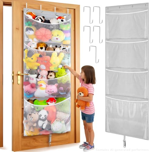 Woodoulogy Hanging Stuffed Animal Storage, Over Door Large Plush Toy Organizer with Metal Hook, Baby Accessory Holder Idea for Nursery, Doll & Bear Mesh Hammock Bag for Girl Boy Kid Room
