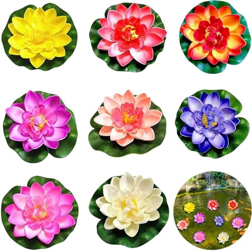 8 Nénuphars artificiels Deko,10 cm Intérieur et Extérieur Fleur de Lotus Deko,Fleurs flottantes simulées,Nénuphars Pour Décoration De Bassin Mini-Étang,Pour Cour/Aquarium/Scène De Ruisseau Etc