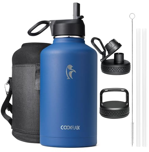 Isolierte Wasserflasche 2L, Coolflask Wasserflasche mit Strohhalm & 3 Deckeln, Isolierte trinkflasche aus Edelstahl für Sport oder Büro, Doppeltes Vakuum, auslaufsicher, Blau