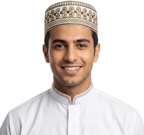 HIQIU Män muslimsk islamisk bön Kufi hatt arabisk indianhatt beanie keps broderi platt bönhatt, Ljusbrun, 56/58 cm