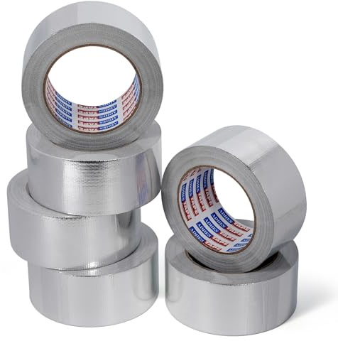 ADHES Professional Glass Fiber Aluminum Foil Tape, 2 Inch x 82 Feet(27 Yards), 6Rolls Heat Proof Tape Withstand 80°C to 100°C, Reinforced Foil Duct Tape for HVAC, Metal Repair Sealing and Insulation