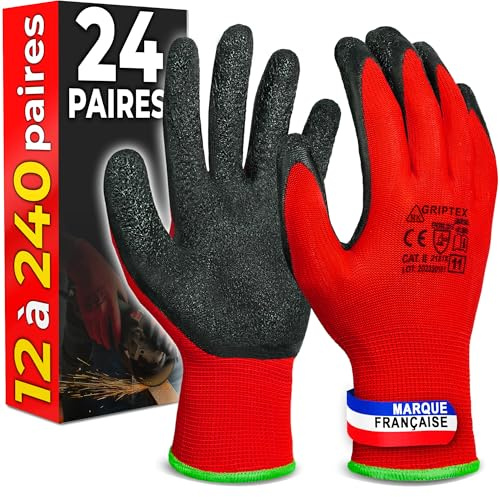MK-Glove Gant de Travail Homme (24 Paires) Taille 10-XL | Résistant à l'abrasion Gants Jardinage Travail avec Revêtement Latex Gants de Protection Atelier Mecanicien