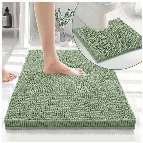 GC GAVENO CAVAILIA 2 Piece Non Slip Rubber Backed Mats - Super Absorbent Antibacterial Toilet Carpet Mat - Quick Dry Microfiber Chenille Rug Washable Bath Mats - Sage Green