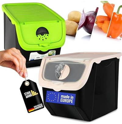 STAHLMANN® Kartoffel Aufbewahrungsbox 2er Set Kartoffelbox mit Entnahmeklappe Ideal für Zwiebel Aufbewahrung ohne zu Keimen Kartoffel Lebensmittelbehälter für eine organisierte Küche Gemüsebox 12L