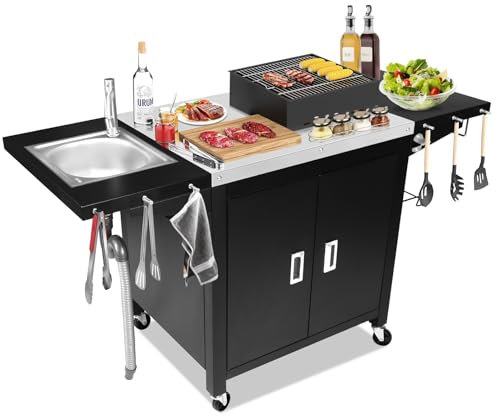 GFTIME Grillwagen, Mobiler Pizzaofen-Tisch, Edelstahl-Rollkücheninsel mit Aufbewahrungsschrank, Seitenregal, Spüle für Griddle-Grill, Küchenwagen, Esstischwagen für Innen- und Außenbereich