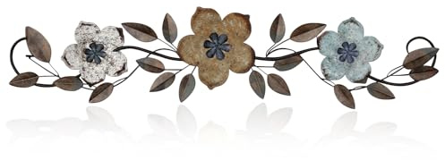 Wesiti Metal Flower Wall Decor Vintage Spring Metal Flower Wrought Iron Scroll Sculpture 15.7''x3.7'' Farmhouse Leaves Wall Decor with Nails for Spring Living Room Bedroom Indoor Outdoor(Colorful)