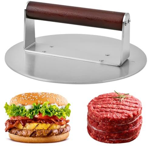 Hamburgerpress, rostfritt stål burger smasher med trähandtag, rund smash hamburgerpress, lätt att rengöra, för platt toppgrill, kött, pate, biff, bacon, korv, professionella grilltillbehör (stor)