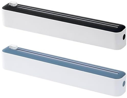 VLUVLA 2Pcs Cling Film Dispenser and Cutter, Magnetic Plastic Wrap & Tin Foil Dispenser, 36.5cm Refillable Wall-Mounted Film Cutter for Cling Film, Foil & Baking Paper (Blue & Black)