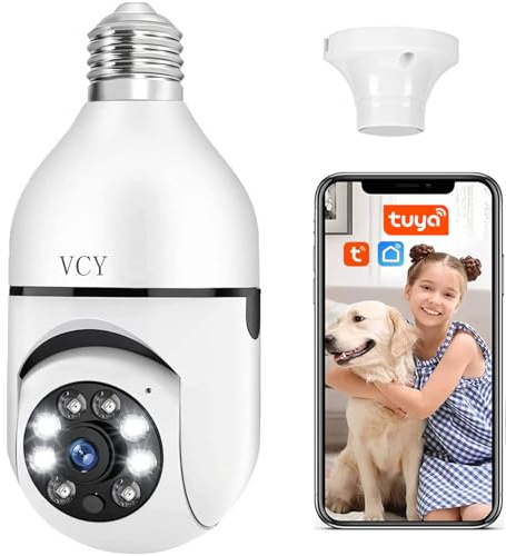 VCY 3 MP glödlampa säkerhetskamera, WiFi 1080P trådlös kamera med 360 graders vy, rörelsedetekteringslarm, nattvision, tvåvägs-samtal för inomhus hemsäkerhet, E27-uttag