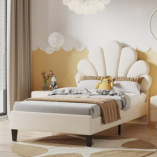 HYNHXBP Lit Enfant rembourré 90x200, Lit capitonné avec tête de lit en Forme de Fleur et sommier à Lattes, Lits 1 Personne pour Fille Adolescent, Velours, sans Matelas (Beige, 90x200 cm)