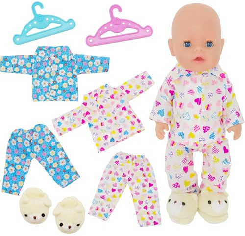New Dolls Clothes for 14-18 Inch, 2 Sets Baby Doll Clothes Pajamas with 1 Pair White Bear Shoes 2 Hangers, 35-43cm Sweet Doll Clothing Set for Girls Boys Birthday Gift (No Doll)