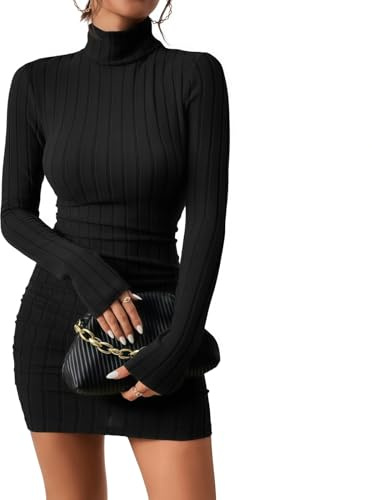 Womens Jumper Dress Turtle Neck Long Sleeve Knit Sweater Bodycon Midi Dress