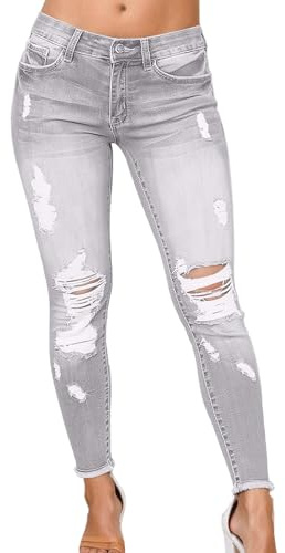Pantalon en jean déchiré pour femme - Jean skinny - Pantalon en denim usé - Pantalon en denim - Taille basse - Pantalon déchiré - Pantalon d'été stretch - Look usé Y2K Streetwear - Coupe ajustée