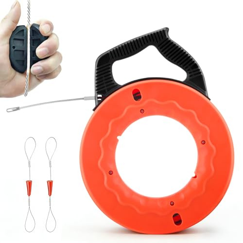 Tire Fil Cable Electrique Aiguille, Aiguille Electricien Tire-câble 30m avec 2 Serre-câbles, Spirale Tirage avec Poignée, Outil de Passage de Câbles pour Travaux Électriques Φ5mm 30m (Orange)