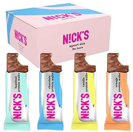 NICKS Protein Bar Variety Pack - No Added Sugar - 25% Protein - 203 Calories - 4 Flavor Sport Mix Box with Gluten Free Wafer Low Carb Chocolate Snack without Palm Oil (9x40g)