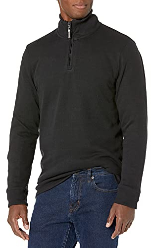 Amazon Essentials Jersey de Canalé Francés con Cremallera de un Cuarto Hombre, Negro Efecto Lavado, S