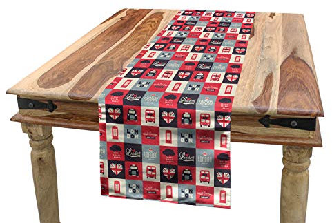 ABAKUHAUS London Tischläufer, Retro UK Europa Reise, Esszimmer Küche Rechteckiger Dekorativer Tischläufer, 40 x 180 cm, Grau Dunkelrosa