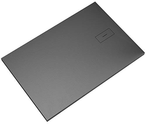 Essence ArredoBagno Plato de ducha de mármol de resina – Ultraslim efecto piedra pizarra – Modelo Ámbar – Mineralmármol con Gelcoat – Desagüe diseño en color antracita – 80 x 80 cm