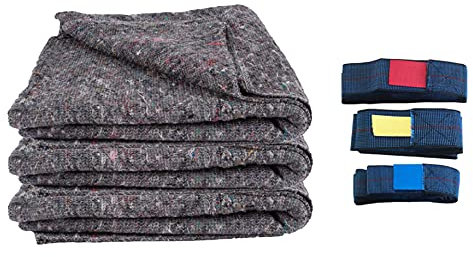 Kortpack Lot de 3 couvertures de déménagement 150 x 200 cm - 1,1 kg + 3 bandes élastiques différentes