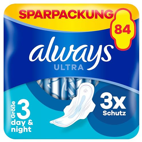 Always Ultra Binden Damen Gr. 3, Long Plus, 84 Damenbinden mit Flügeln (3 x 28 Stück), dünn und super saugfähig, geruchsneutralisierend und Auslaufschutz
