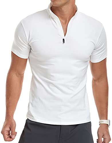 KUYIGO Herren Classic Zip Up Kurzarm-Polo-Shirts Casual Slim Fit Tops Basic Designed Cotton ShirtsL Weiß