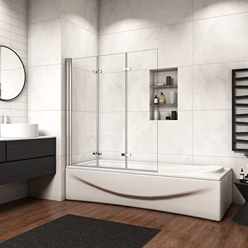 Parete Per Vasca Doccia 130x140cm Tre Ante Vetro Apribili Temperato Trasparente 6 mm Anticalcare Telaio In Alluminio Cromato Lucido