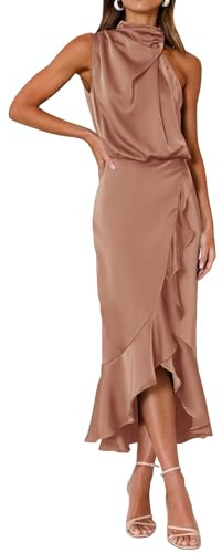 KIRUNDO Women 2026 Spring Summer Satin Mock Neck Wedding Guest Party Cocktail Midi Dress Sleeveless Wrap Ruffle Formal Dress(Champagne, Small)