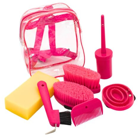 PFIFF 103105 Putz-Rucksack, Putztasche, Klarsichtrucksack, Putzset für Kinder, Kinderputzset, 7-teiliges Putzset, Pink