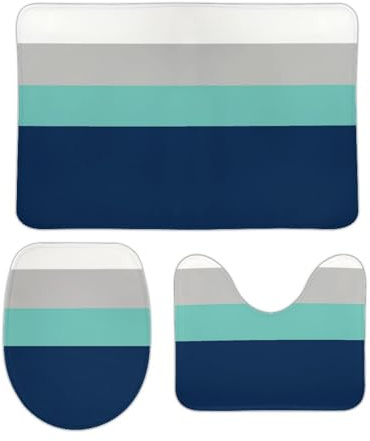 Bathroom Mat Set Navy, Gray Teal Stripes Absorbent U Shape Wc Toilet Rug Anti Slip Pedestal Mat Toilet Lid Cover Cozy 3 Piece Bathroom Rug Set