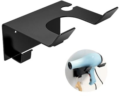 Okaywork Supporto per Asciugacapelli e Phon, Acciaio Inossidabile, Montaggio a Parete con Adesivo o Viti, Nero