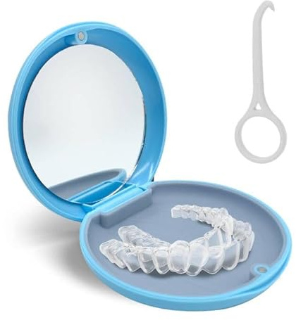 Boite Appareil Dentaire Orthodontie, Boite a Dentier Portative Boite pour Orthèse avec Miroir Vide pour la Retenue et la Protection des Dents avec Outil D'enlèvement de L'alignement (Bleu)