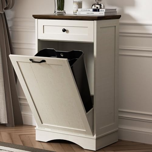 AHB 13 Gallons Tilt Out Trash Cabinet Hidden Trash Can Cabinet Freestanding Garbage Recycling Cabinet with Hideaway Drawer Pet Proof Trash Bin for Kitchen Living Room, Antique White