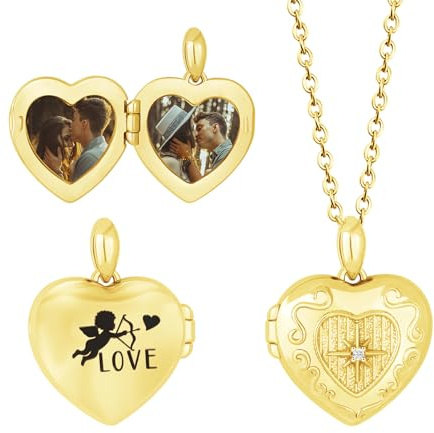 Kiddo Sky Collier Personnalisé Love God Cupidon Image à l'intérieur pour Femme, Pendentif Photo en Cuivre avec Médaillon en Forme de Cœur Délicat, 18 + 2 Pouces avec Boîte Cadeau (Or)