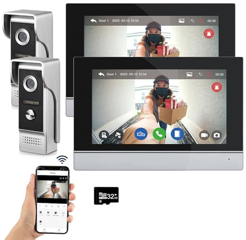 Sistema videocitofonico cablato Tuya WiFi 7 pollici touch screen 1080P campanello intelligente Tuya APP Kit citofono 2 porte sblocco (2 Campanello+2 Monitor)