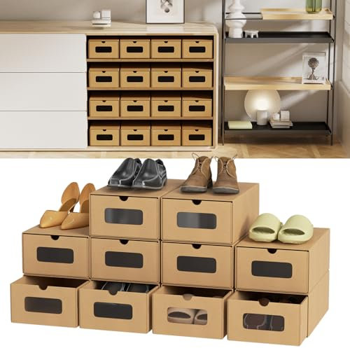 Eikuavons Scatole portaoggetti con finestra e cassetto, set da 10 pezzi, 33 x 30 x 35 cm, impilabili per scarpe in cartone, scatole per giocattoli, per accessori e accessori, marrone