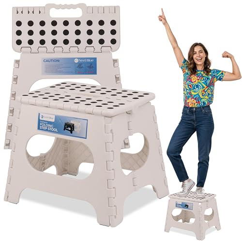 WedDecor Heavy Duty 11 Inch Folding Step Stool for Kids & Adults, Portable Non Slip Plastic Step Up Stool with Carry Handle for Camping, Kitchen, Bathroom, Indoor/Outdoor Use, Holds 330lbs Load, White