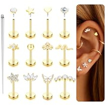 KRFY Piercing Orecchio Trago Acciaio Chirurgico Filettato Internamente Helix Labret Stud Orecchini Ipoallergenico Donna Oro Argento Cartilagine Naso Conch Helix Piercing 6MM-18G-G