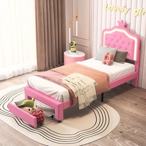 Klarheitswerk Girls Single Princess Bed 190x90 cm with LED Headboard & Storage Drawer - Upholstered Children's Bed for Kids,Crown Design (Pink, Single-190x90 cm)