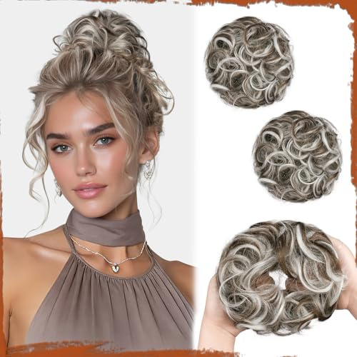 SOFEIYAN 2PCS Small Messy Bun Hair Pieces for Thin Hair to Add Volume Synthetic Curly Bun Scrunchies with Elastic Band Lightweight Updo Hairpieces for Women Daily Use - Brown with White